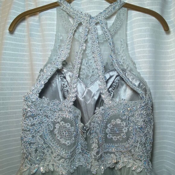 Silver Beaded Tulle Dress Halter Neckline Fairy Witchy Prom Wedding Princess - Picture 7 of 12